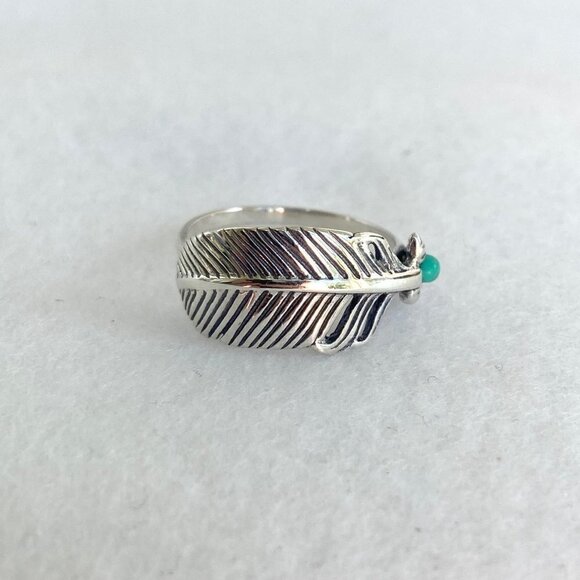 Sterling Silver 925 Dainty Round Turquoise Cabochon Feather Band Ring Size 5.5 - Picture 12 of 16